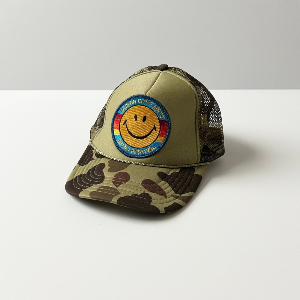 Aviator Nation Trucker Hat Polyester Camo OS Austin City Limits Smiley Patch